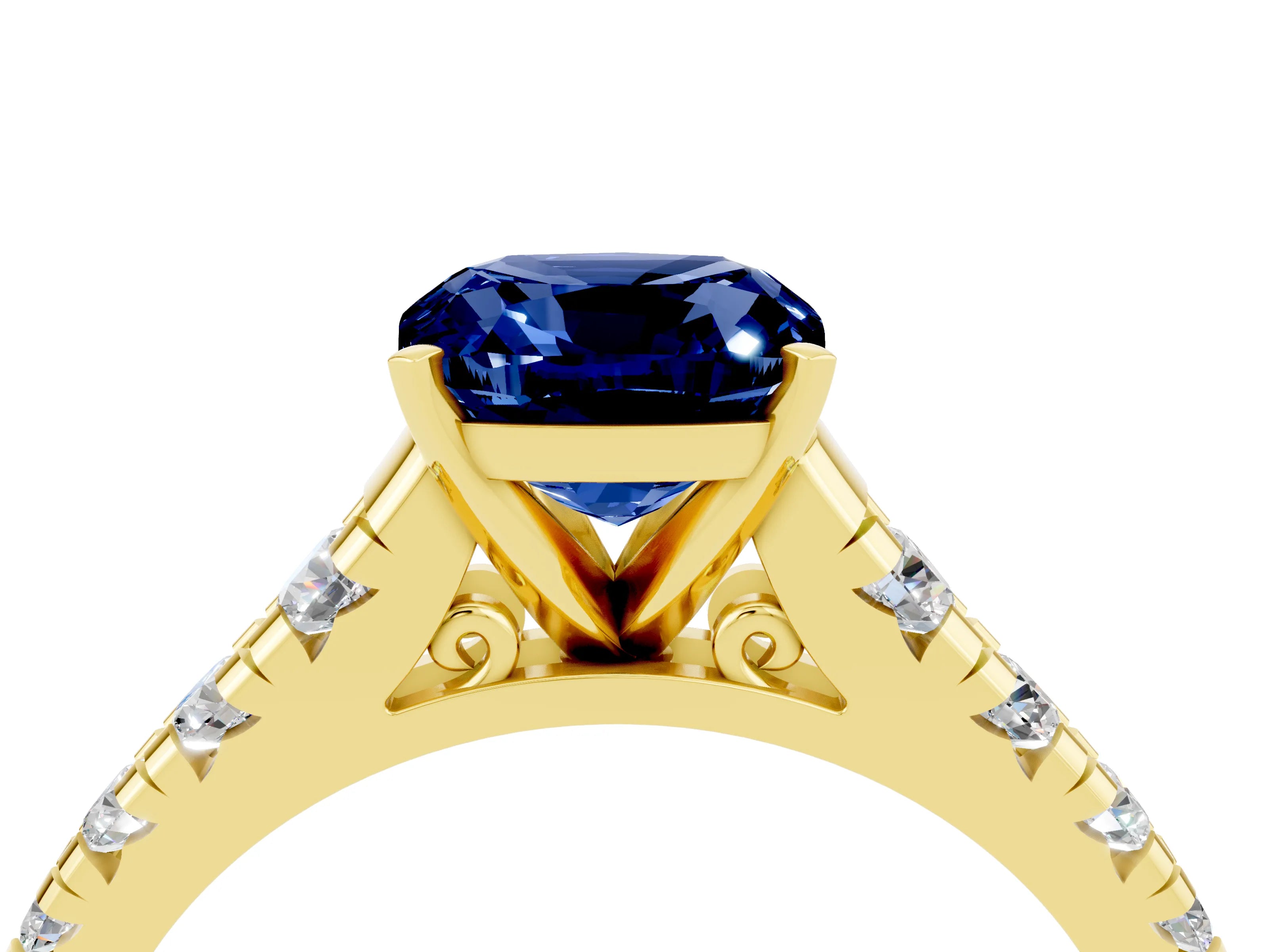 Yellow gold Cushion Cut Blue Sapphire Solitaire Ring with Cathedral Setting and Pavé Band_4