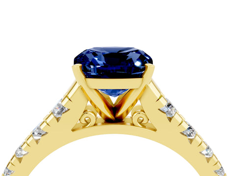 Yellow gold Cushion Cut Blue Sapphire Solitaire Ring with Cathedral Setting and Pavé Band_4