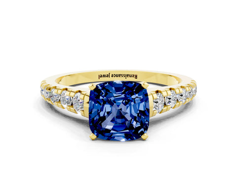 Yellow gold Cushion Cut Blue Sapphire Solitaire Ring with Cathedral Setting and Pavé Band