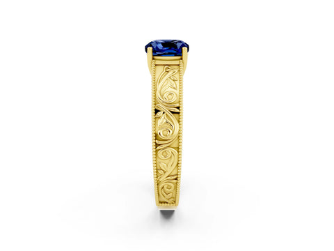 Yellow gold Cushion Cut Blue Sapphire Solitaire Ring with Engraved Band and Four-Prong Setting_2