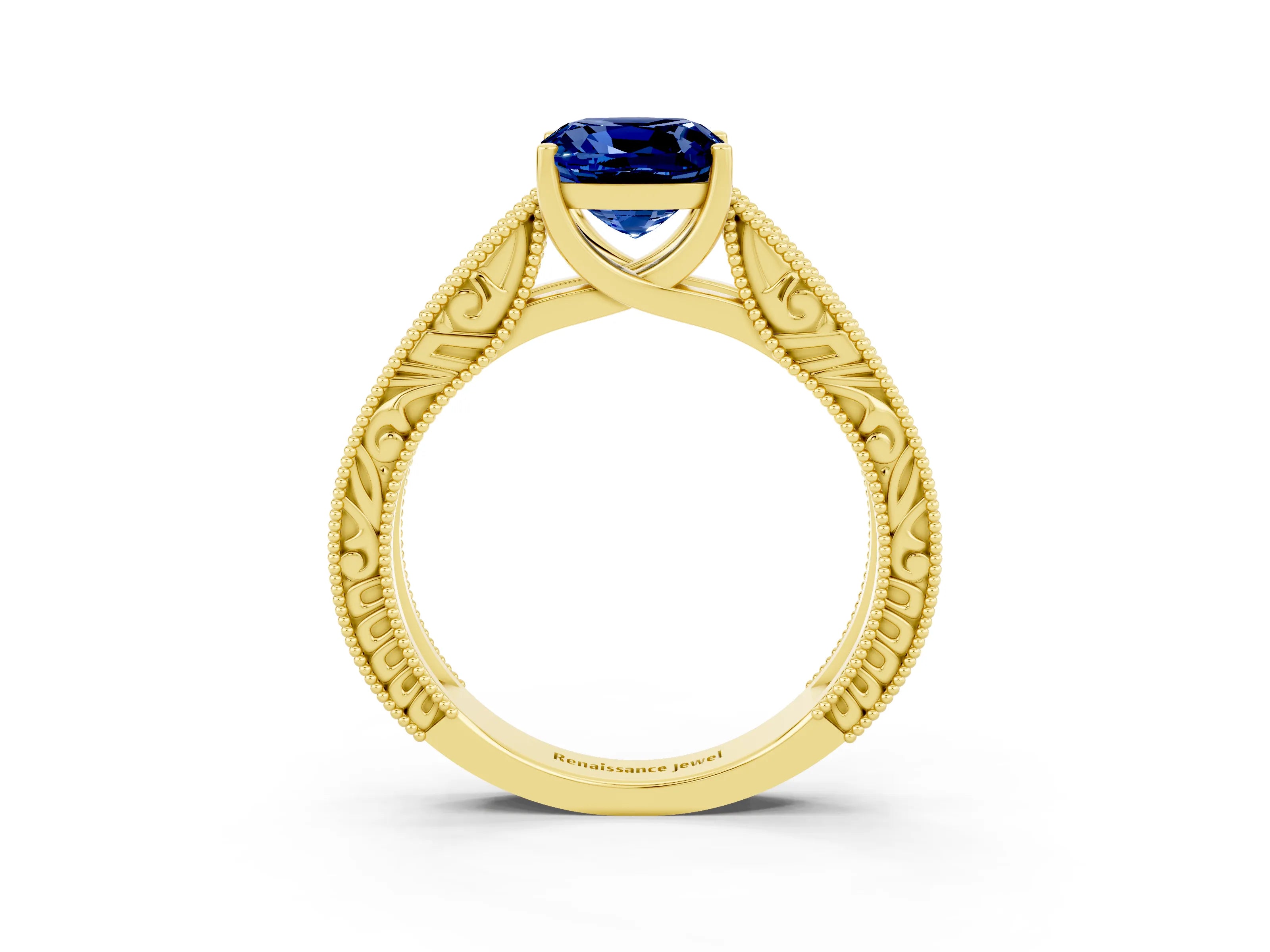 Yellow gold Cushion Cut Blue Sapphire Solitaire Ring with Engraved Band and Four-Prong Setting_3