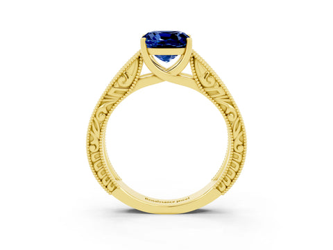 Yellow gold Cushion Cut Blue Sapphire Solitaire Ring with Engraved Band and Four-Prong Setting_3