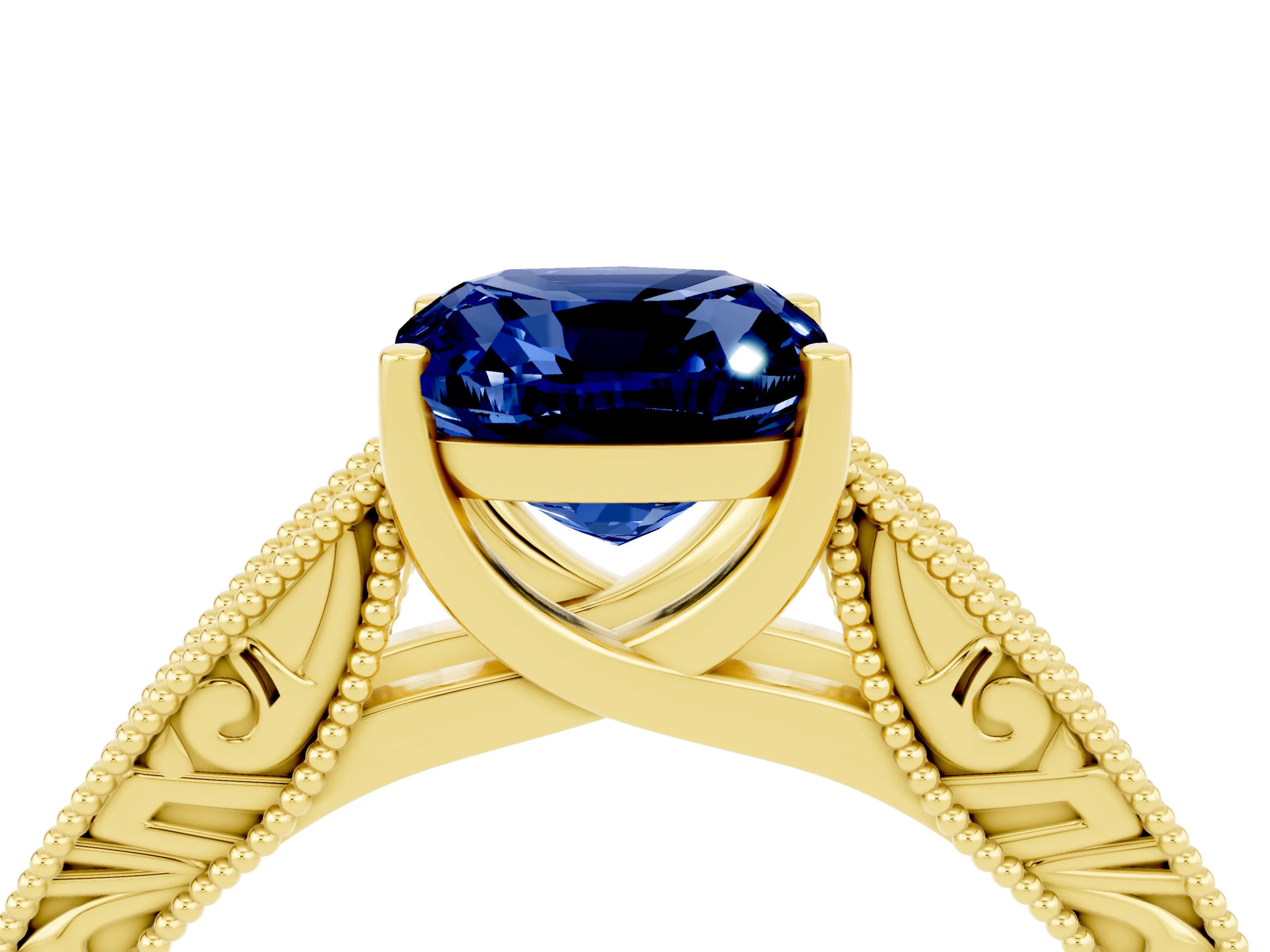 Yellow gold Cushion Cut Blue Sapphire Solitaire Ring with Engraved Band and Four-Prong Setting_4