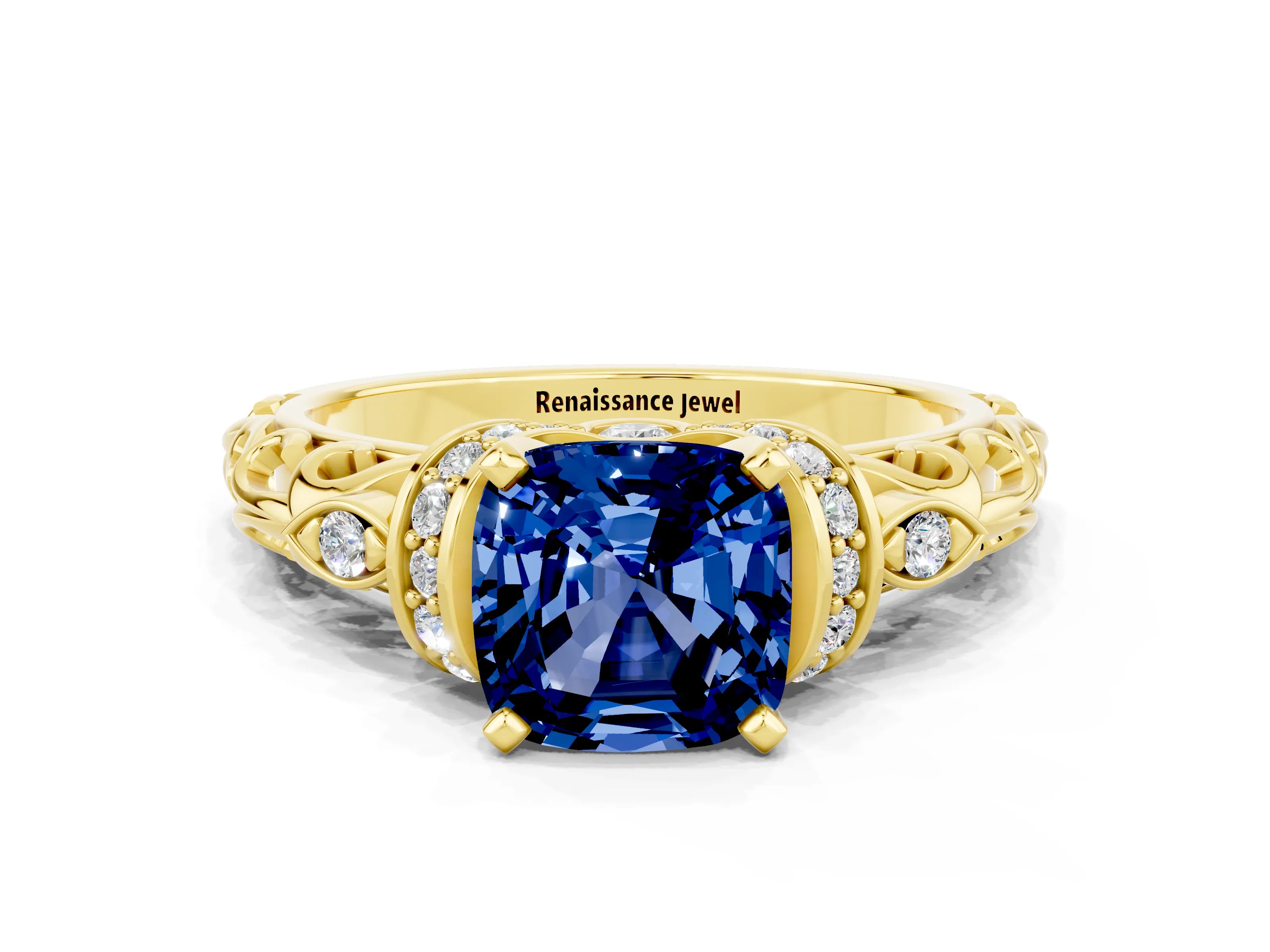 Yellow gold Cushion Cut Blue Sapphire Solitaire Ring with Filigree Band and Four-Prong Setting_24