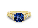 Yellow gold Cushion Cut Blue Sapphire Solitaire Ring with Filigree Band and Four-Prong Setting_24