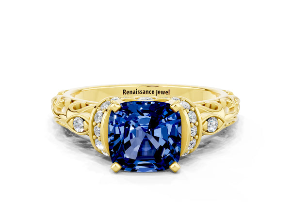 Yellow gold Cushion Cut Blue Sapphire Solitaire Ring with Filigree Band and Four-Prong Setting