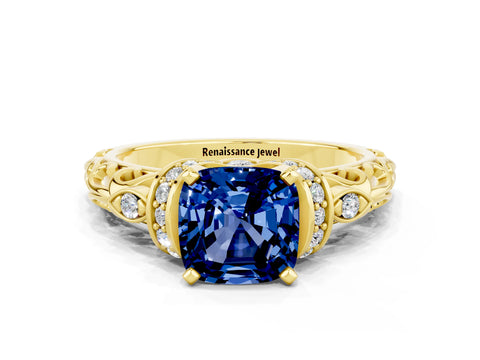 Yellow gold Cushion Cut Blue Sapphire Solitaire Ring with Filigree Band and Four-Prong Setting_24