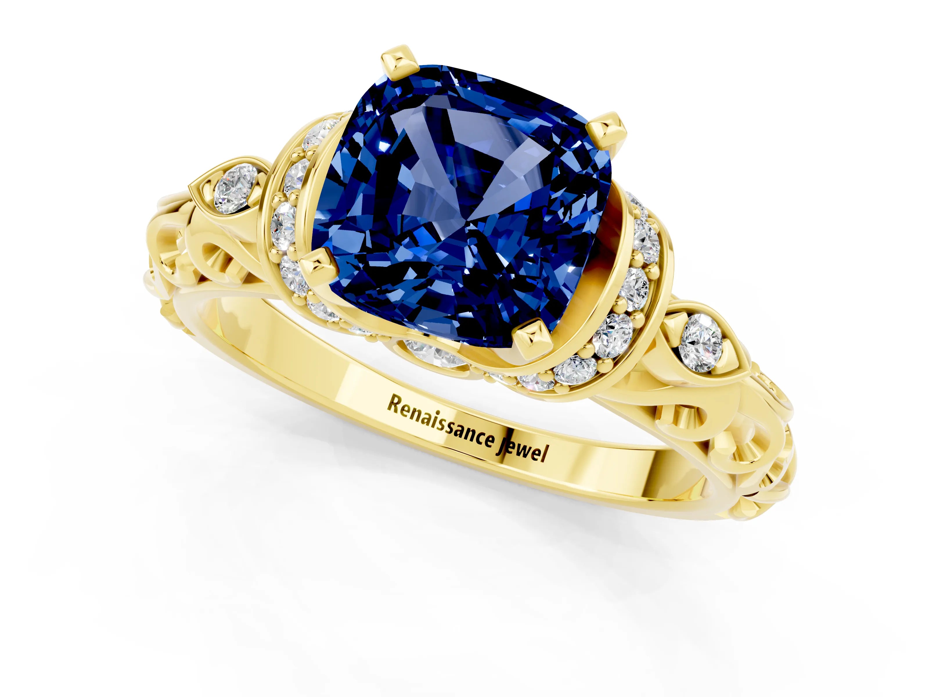 Yellow gold Cushion Cut Blue Sapphire Solitaire Ring with Filigree Band and Four-Prong Setting_25