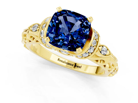 Yellow gold Cushion Cut Blue Sapphire Solitaire Ring with Filigree Band and Four-Prong Setting_25