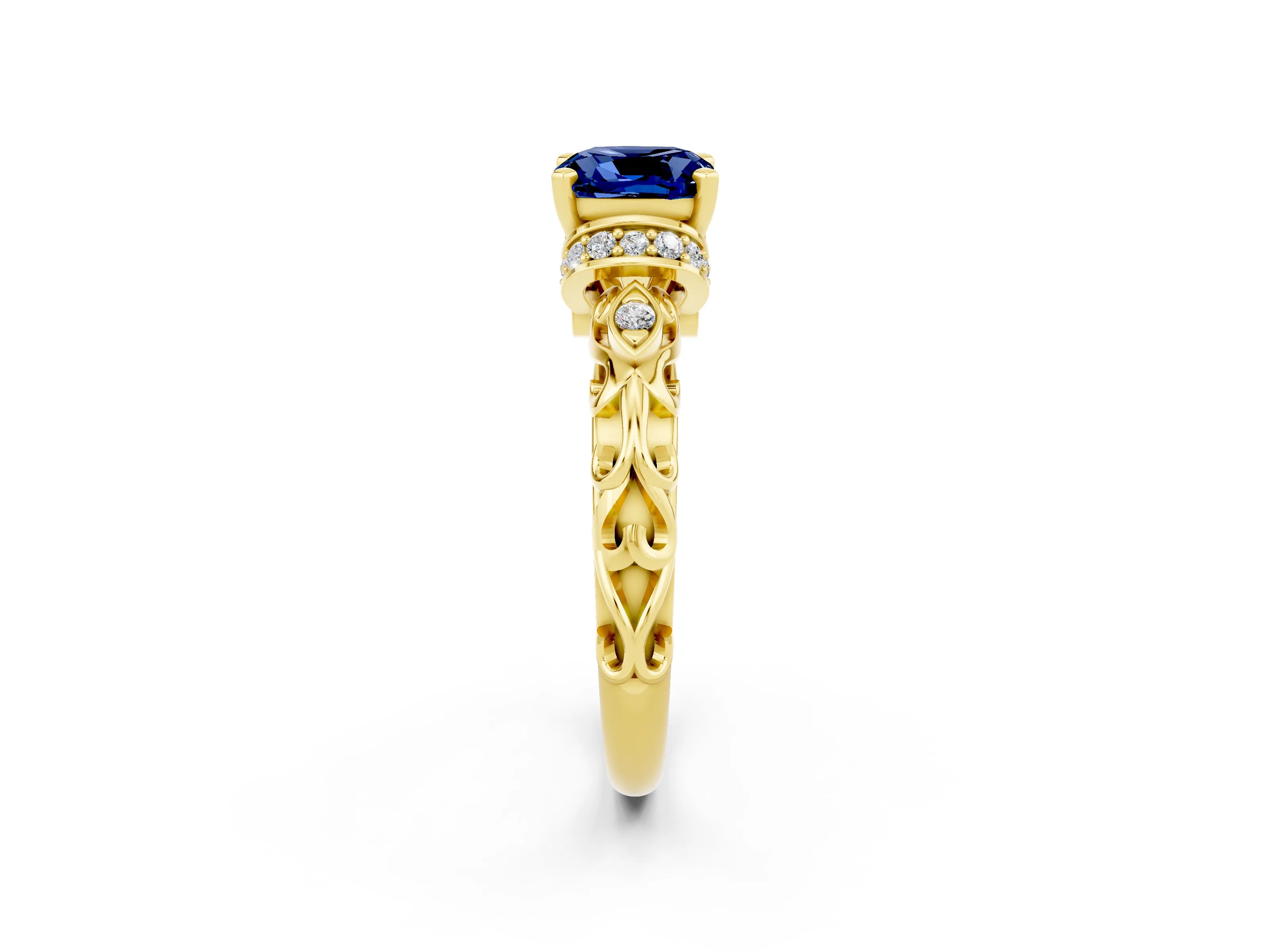 Yellow gold Cushion Cut Blue Sapphire Solitaire Ring with Filigree Band and Four-Prong Setting_26