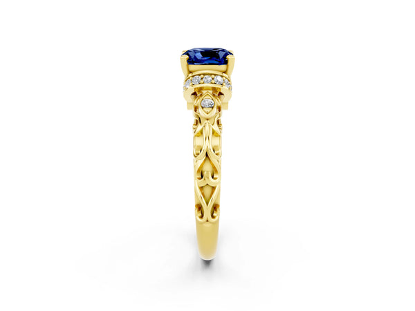 Yellow gold Cushion Cut Blue Sapphire Solitaire Ring with Filigree Band and Four-Prong Setting