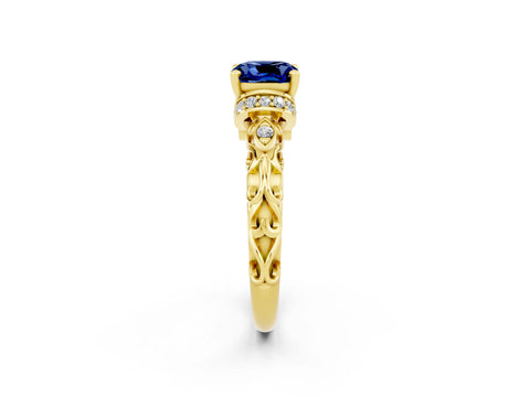 Yellow gold Cushion Cut Blue Sapphire Solitaire Ring with Filigree Band and Four-Prong Setting_26