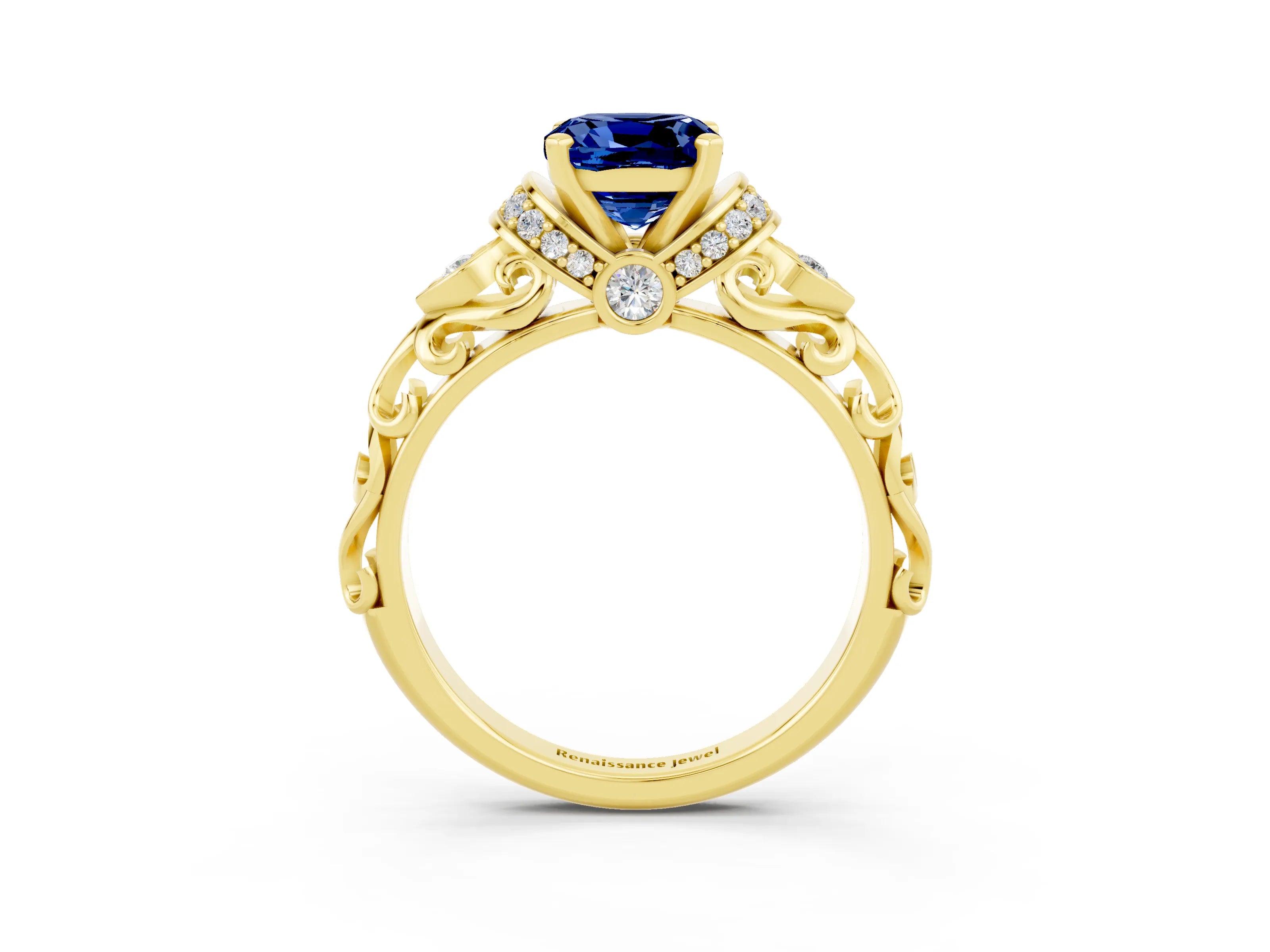 Yellow gold Cushion Cut Blue Sapphire Solitaire Ring with Filigree Band and Four-Prong Setting_27