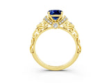 Yellow gold Cushion Cut Blue Sapphire Solitaire Ring with Filigree Band and Four-Prong Setting_27