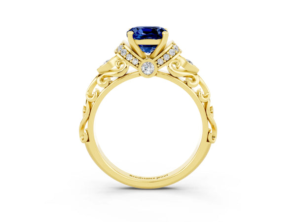 Yellow gold Cushion Cut Blue Sapphire Solitaire Ring with Filigree Band and Four-Prong Setting
