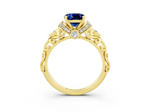 Yellow gold Cushion Cut Blue Sapphire Solitaire Ring with Filigree Band and Four-Prong Setting_27