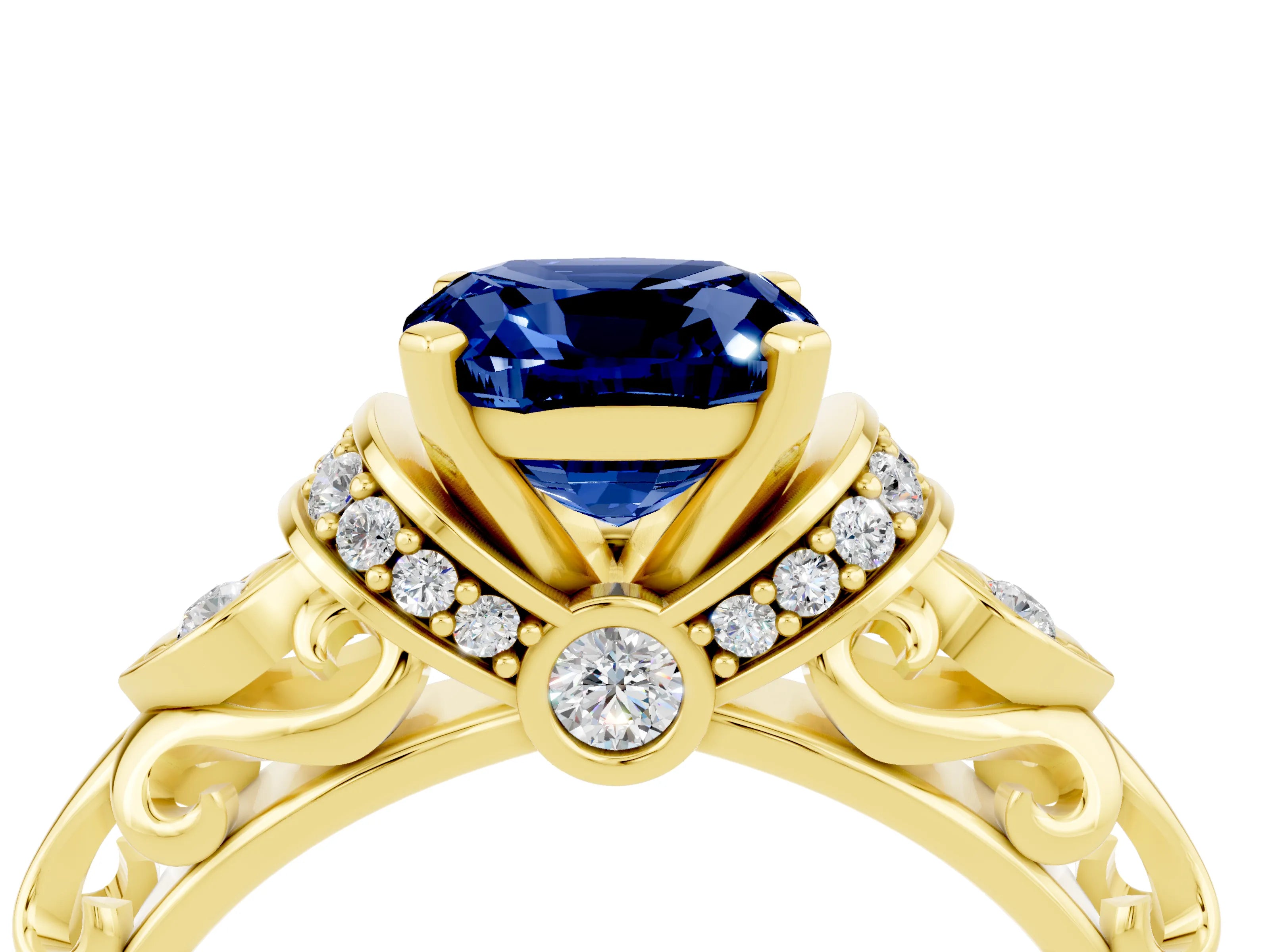 Yellow gold Cushion Cut Blue Sapphire Solitaire Ring with Filigree Band and Four-Prong Setting_28