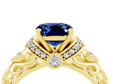 Yellow gold Cushion Cut Blue Sapphire Solitaire Ring with Filigree Band and Four-Prong Setting_28