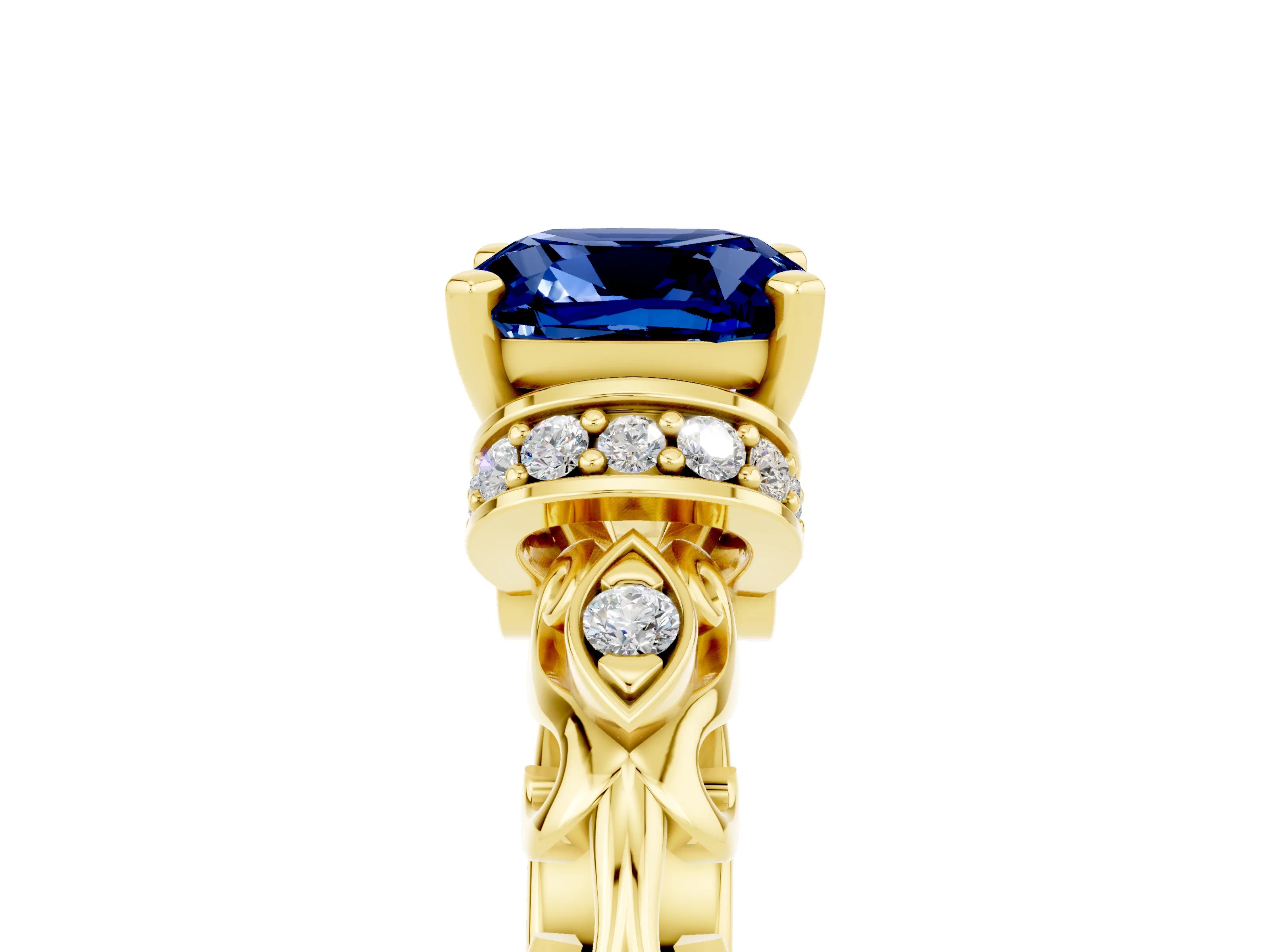 Yellow gold Cushion Cut Blue Sapphire Solitaire Ring with Filigree Band and Four-Prong Setting_29