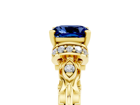 Yellow gold Cushion Cut Blue Sapphire Solitaire Ring with Filigree Band and Four-Prong Setting_29