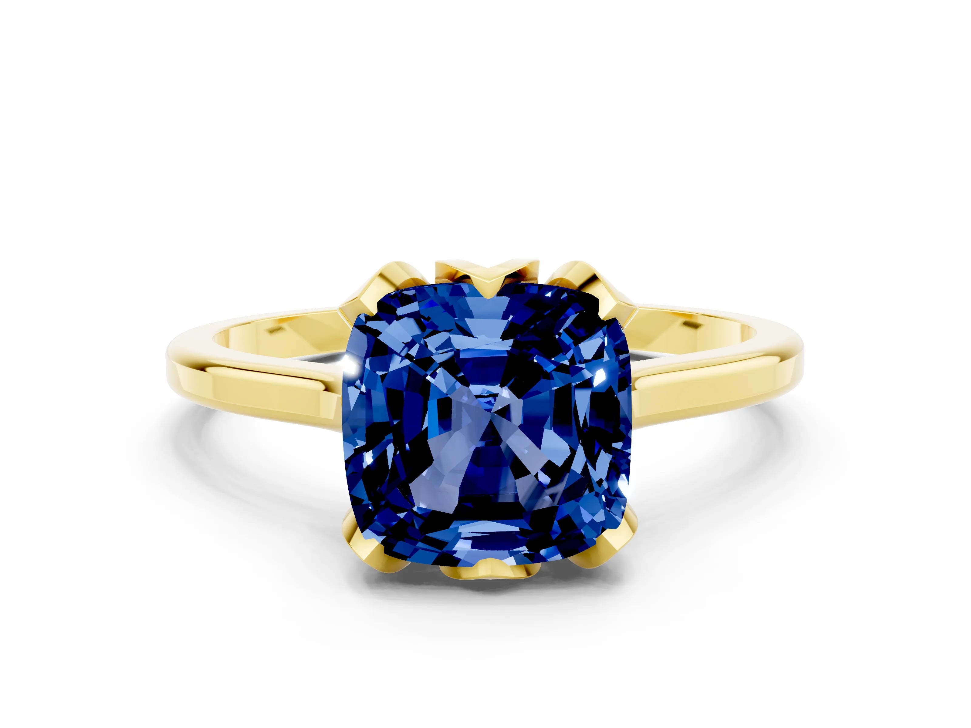 Yellow gold Cushion Cut Blue Sapphire Solitaire Ring with Flower Prong Setting and Classic Band_12