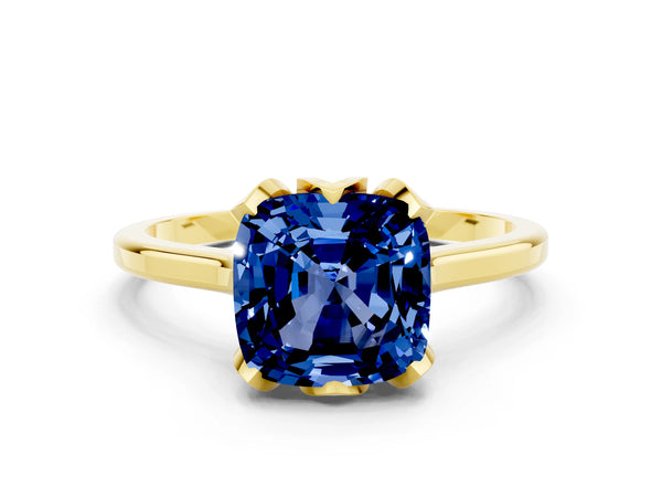 Yellow gold Cushion Cut Blue Sapphire Solitaire Ring with Flower Prong Setting and Classic Band