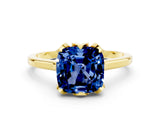 Yellow gold Cushion Cut Blue Sapphire Solitaire Ring with Flower Prong Setting and Classic Band_12