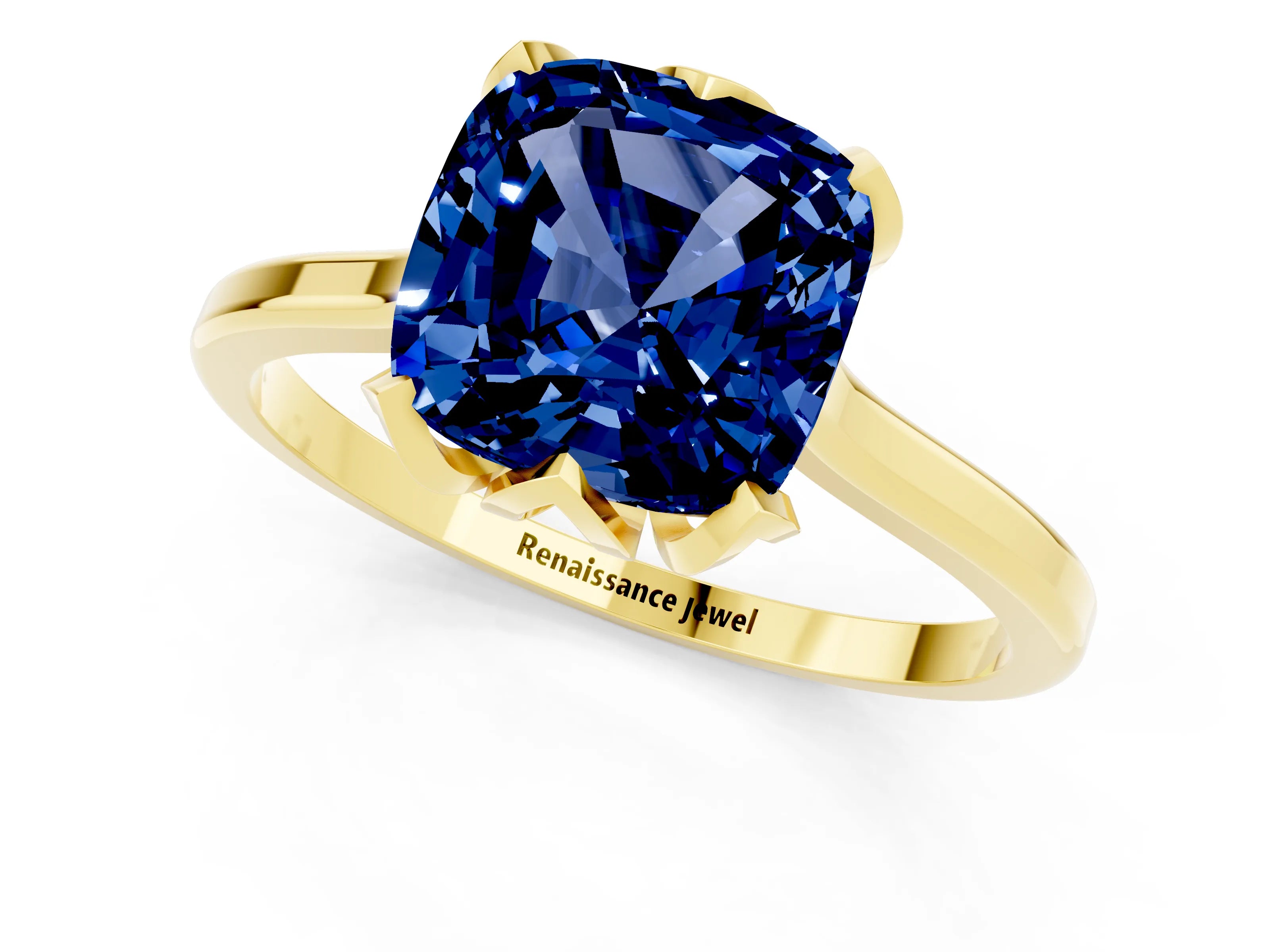 Yellow gold Cushion Cut Blue Sapphire Solitaire Ring with Flower Prong Setting and Classic Band_13