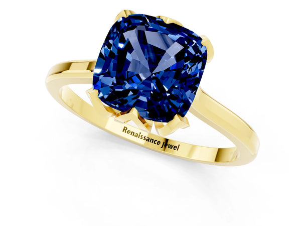 Yellow gold Cushion Cut Blue Sapphire Solitaire Ring with Flower Prong Setting and Classic Band