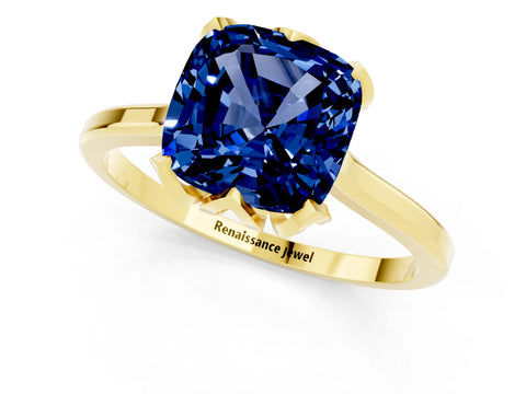 Yellow gold Cushion Cut Blue Sapphire Solitaire Ring with Flower Prong Setting and Classic Band_13