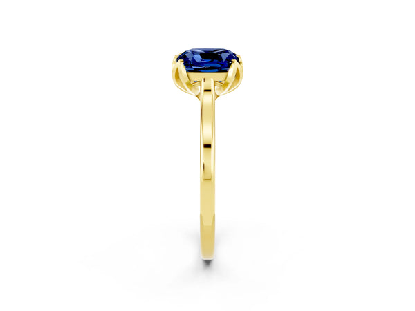 Yellow gold Cushion Cut Blue Sapphire Solitaire Ring with Flower Prong Setting and Classic Band