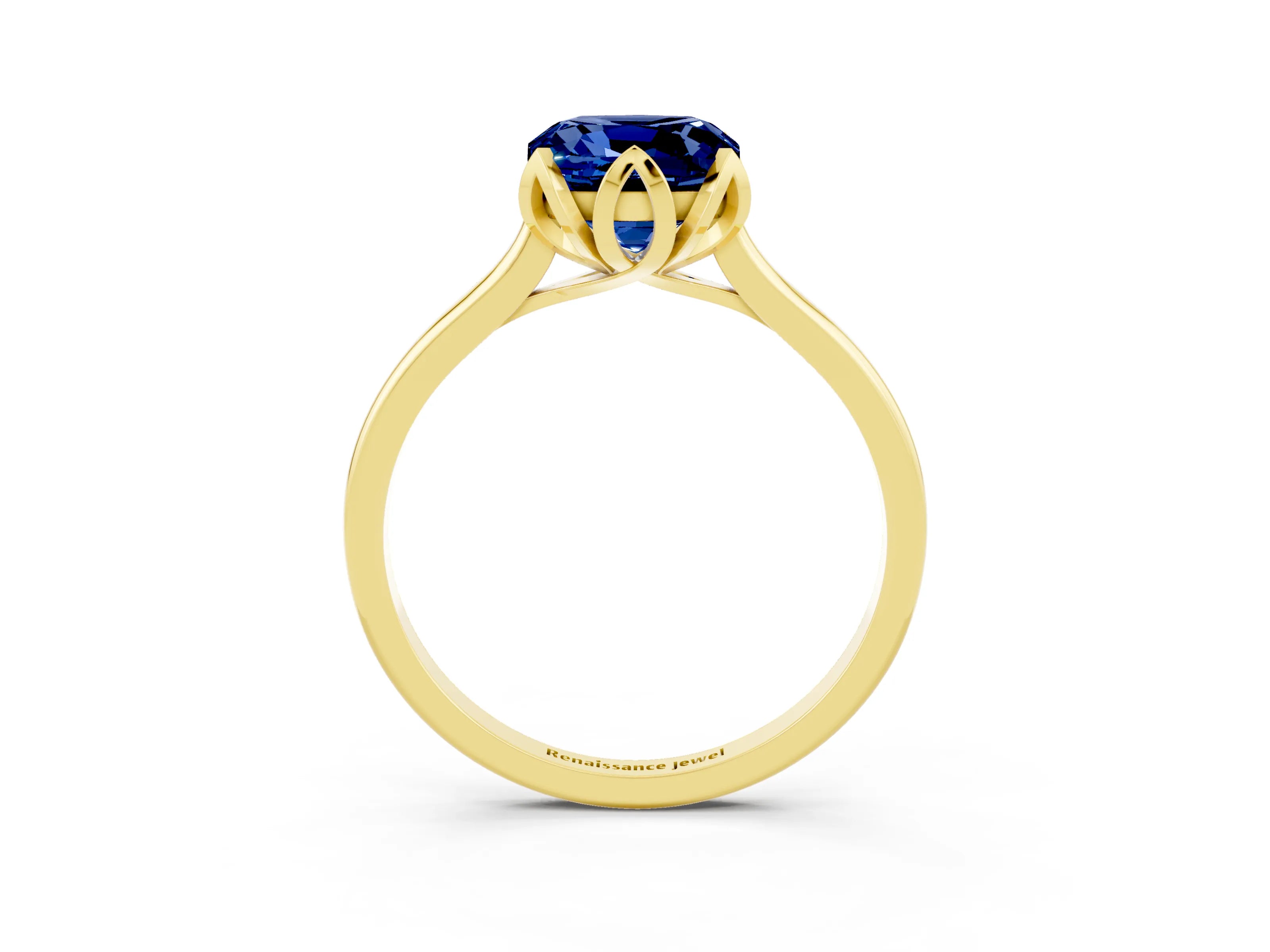 Yellow gold Cushion Cut Blue Sapphire Solitaire Ring with Flower Prong Setting and Classic Band_15