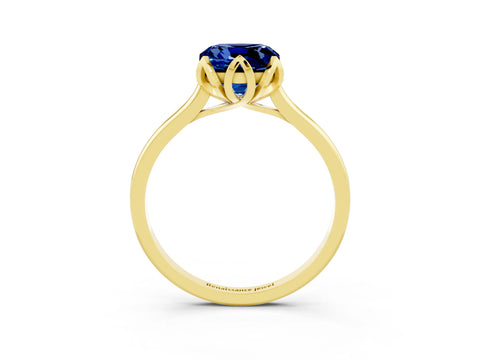 Yellow gold Cushion Cut Blue Sapphire Solitaire Ring with Flower Prong Setting and Classic Band_15
