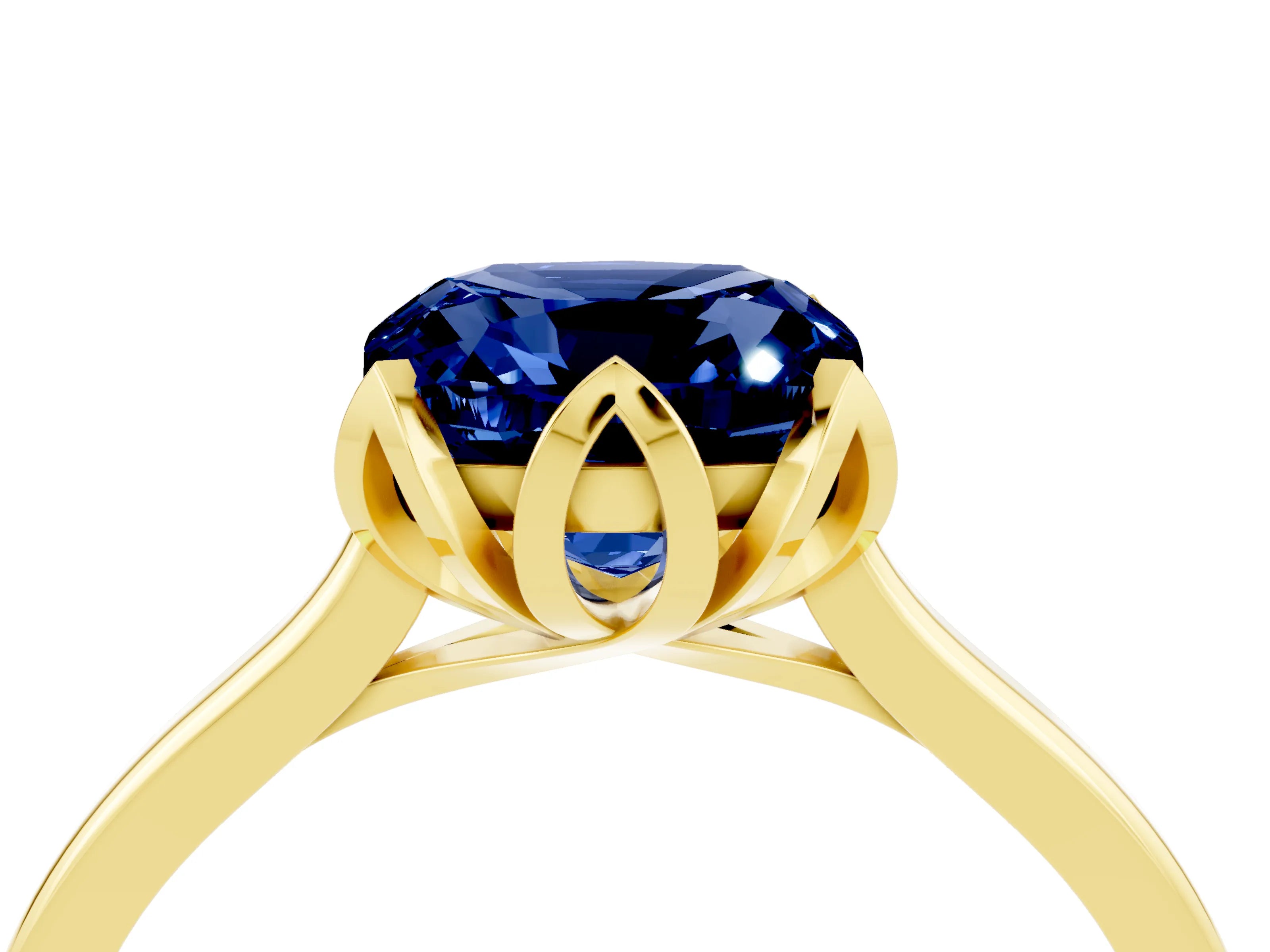 Yellow gold Cushion Cut Blue Sapphire Solitaire Ring with Flower Prong Setting and Classic Band_16