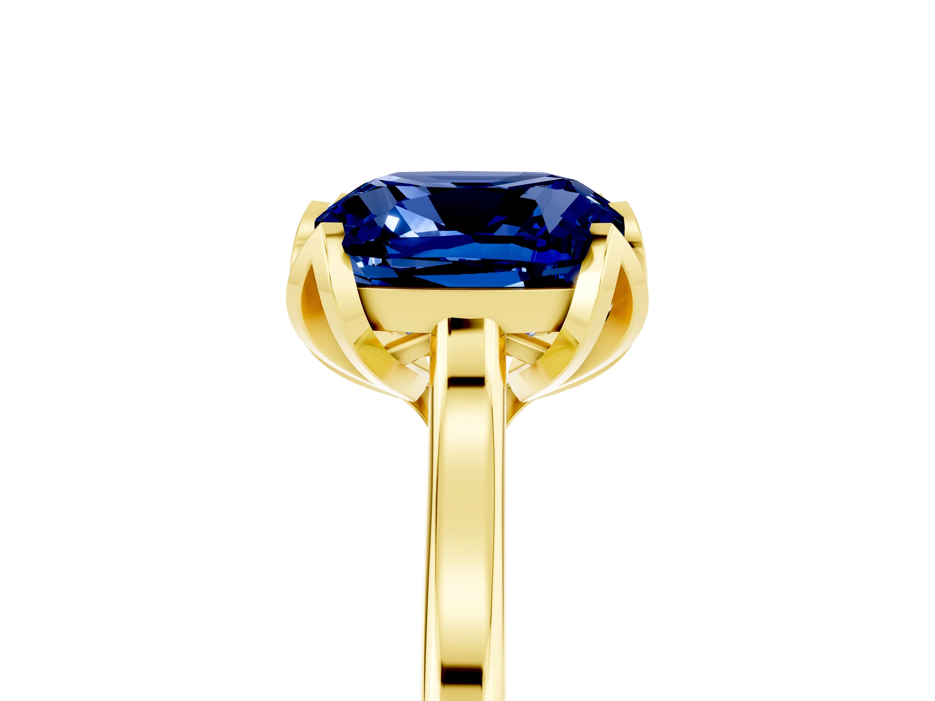 Yellow gold Cushion Cut Blue Sapphire Solitaire Ring with Flower Prong Setting and Classic Band_17