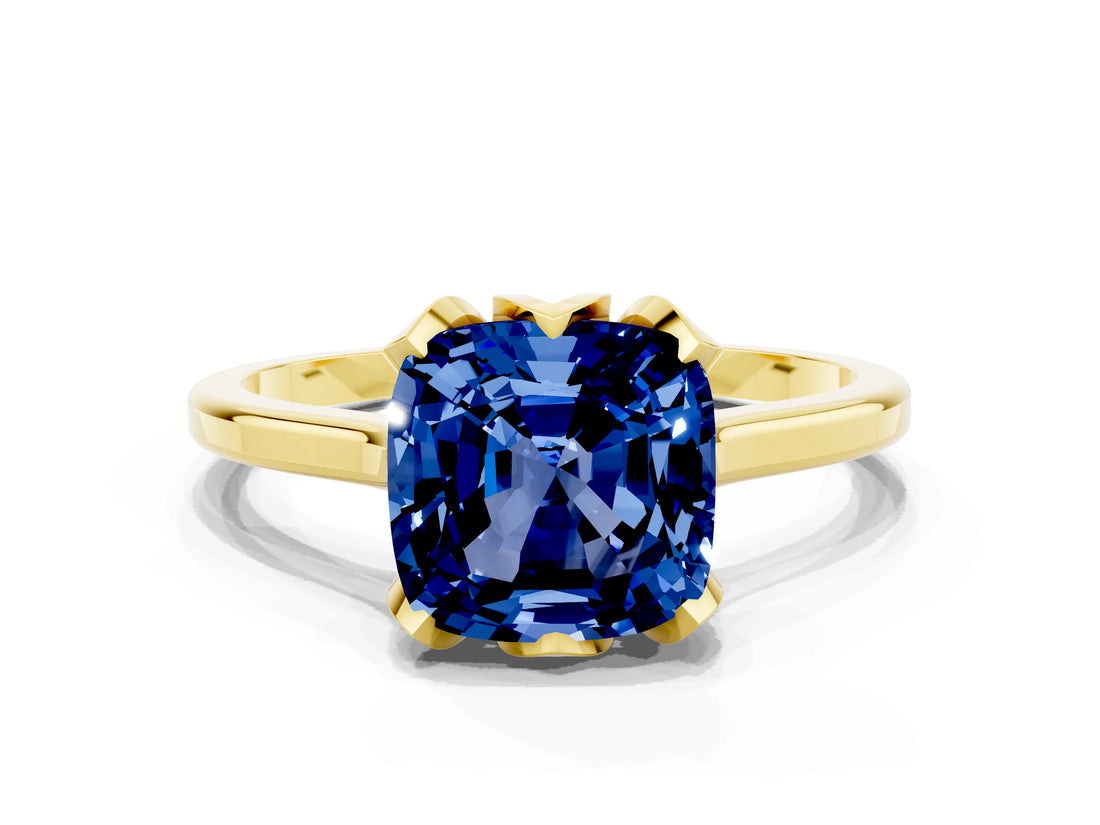 Yellow gold Cushion Cut Blue Sapphire Solitaire Ring with Flower Prong Setting and Classic Band_36