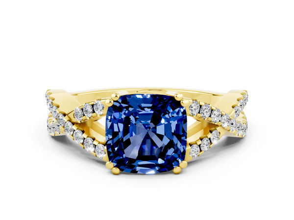 Yellow gold Cushion Cut Blue Sapphire Solitaire Ring with Four-Prong Setting and Twisted Pavé Band