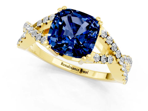 Yellow gold Cushion Cut Blue Sapphire Solitaire Ring with Four-Prong Setting and Twisted Pavé Band_1