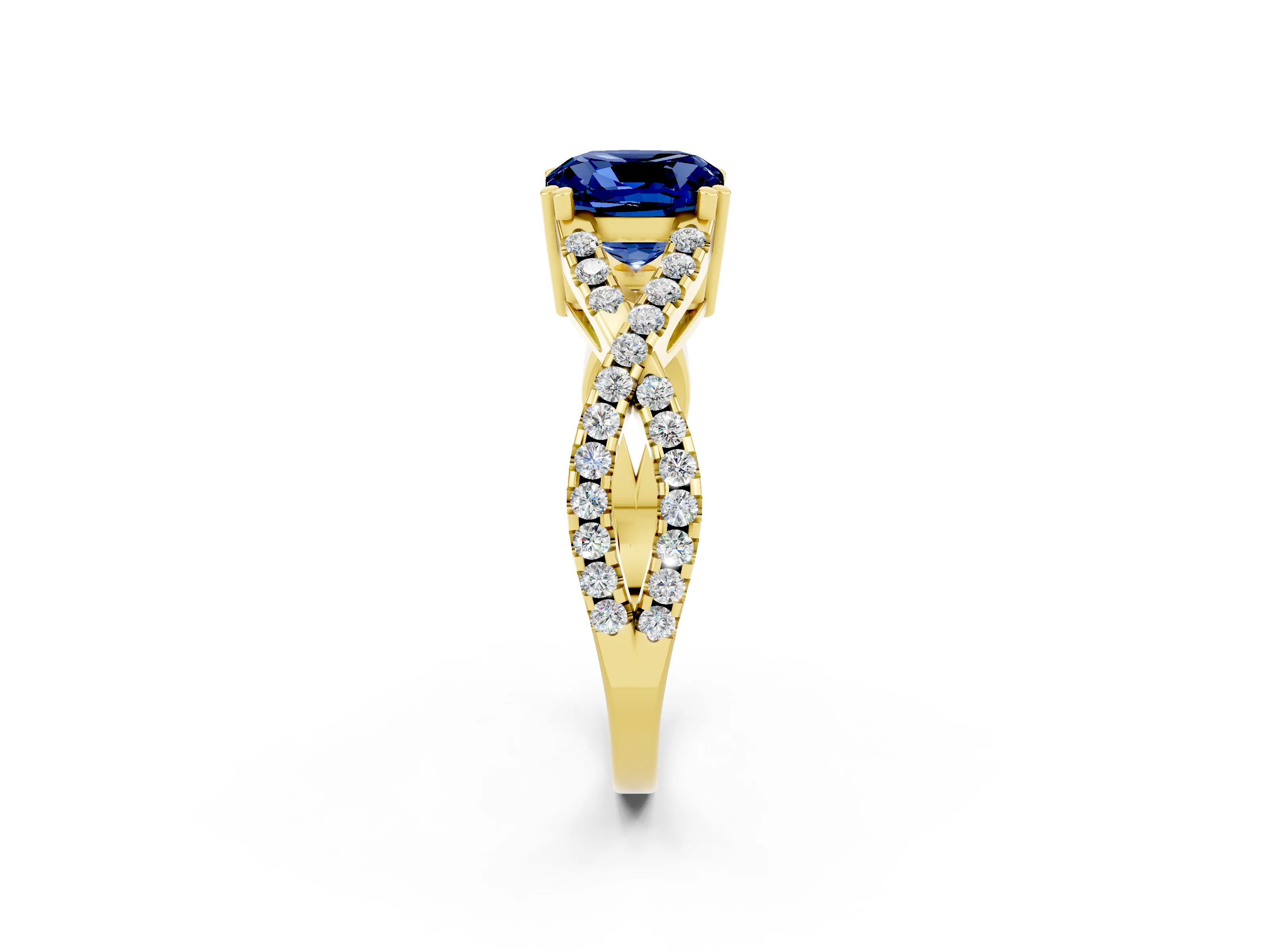 Yellow gold Cushion Cut Blue Sapphire Solitaire Ring with Four-Prong Setting and Twisted Pavé Band_2