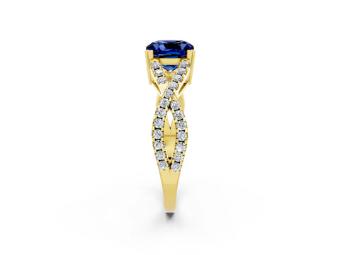Yellow gold Cushion Cut Blue Sapphire Solitaire Ring with Four-Prong Setting and Twisted Pavé Band_2