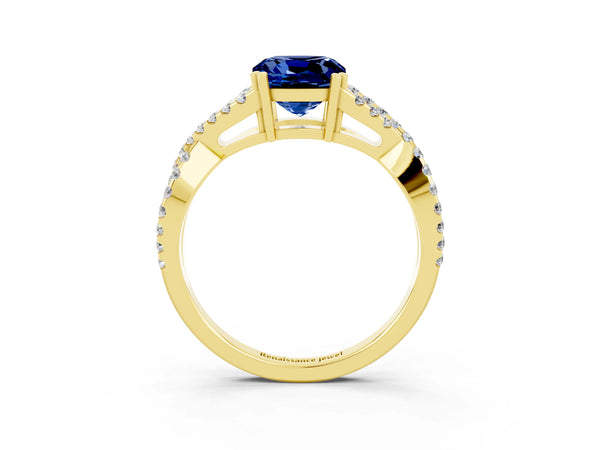 Yellow gold Cushion Cut Blue Sapphire Solitaire Ring with Four-Prong Setting and Twisted Pavé Band