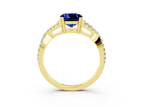 Yellow gold Cushion Cut Blue Sapphire Solitaire Ring with Four-Prong Setting and Twisted Pavé Band_3