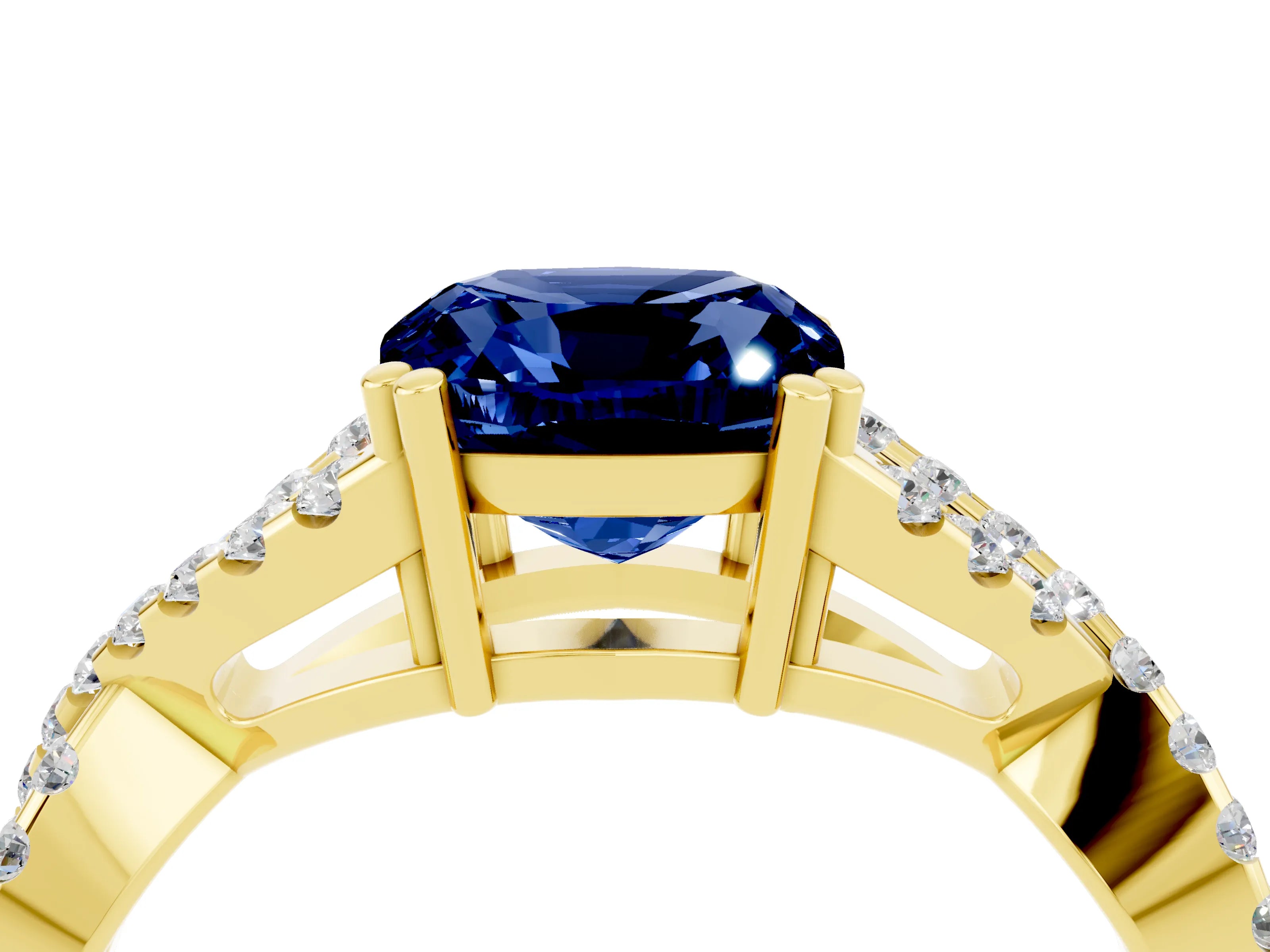 Yellow gold Cushion Cut Blue Sapphire Solitaire Ring with Four-Prong Setting and Twisted Pavé Band_4