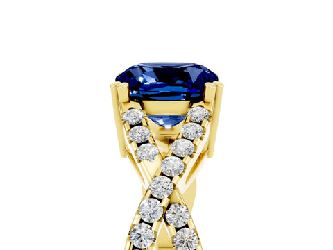 Yellow gold Cushion Cut Blue Sapphire Solitaire Ring with Four-Prong Setting and Twisted Pavé Band_5