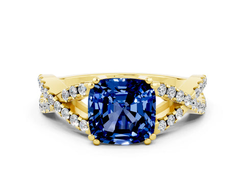 Yellow gold Cushion Cut Blue Sapphire Solitaire Ring with Four-Prong Setting and Twisted Pavé Band