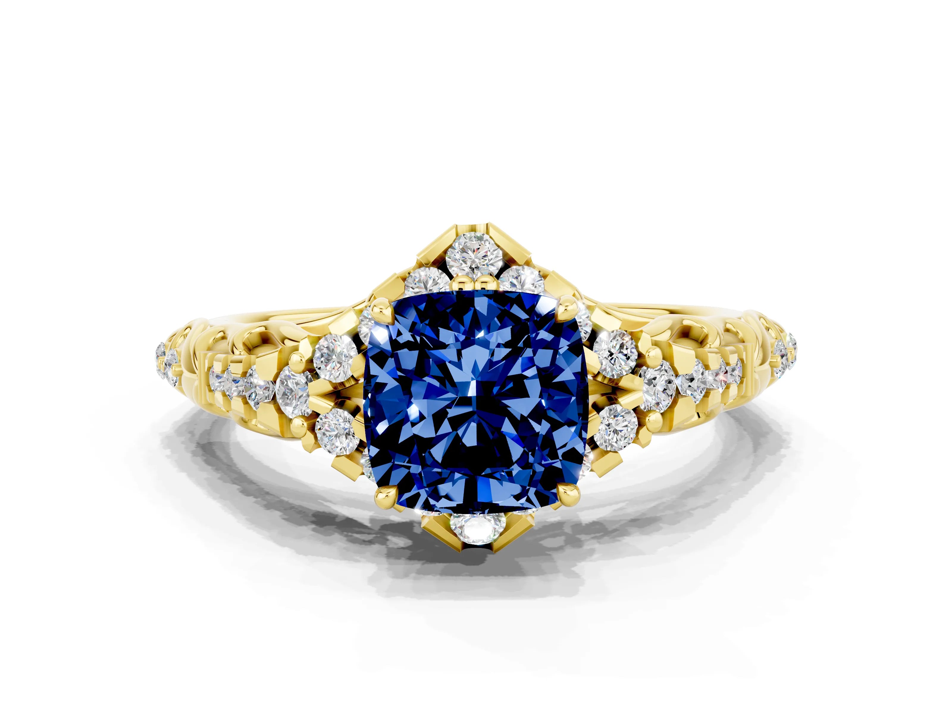 Yellow gold Cushion Cut Blue Sapphire Solitaire Ring with Hidden Halo and Pavé Band_12