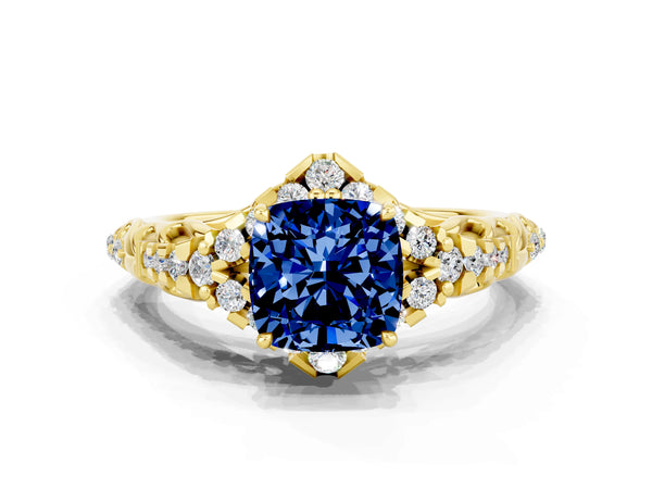 Yellow gold Cushion Cut Blue Sapphire Solitaire Ring with Hidden Halo and Pavé Band
