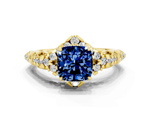 Yellow gold Cushion Cut Blue Sapphire Solitaire Ring with Hidden Halo and Pavé Band_12