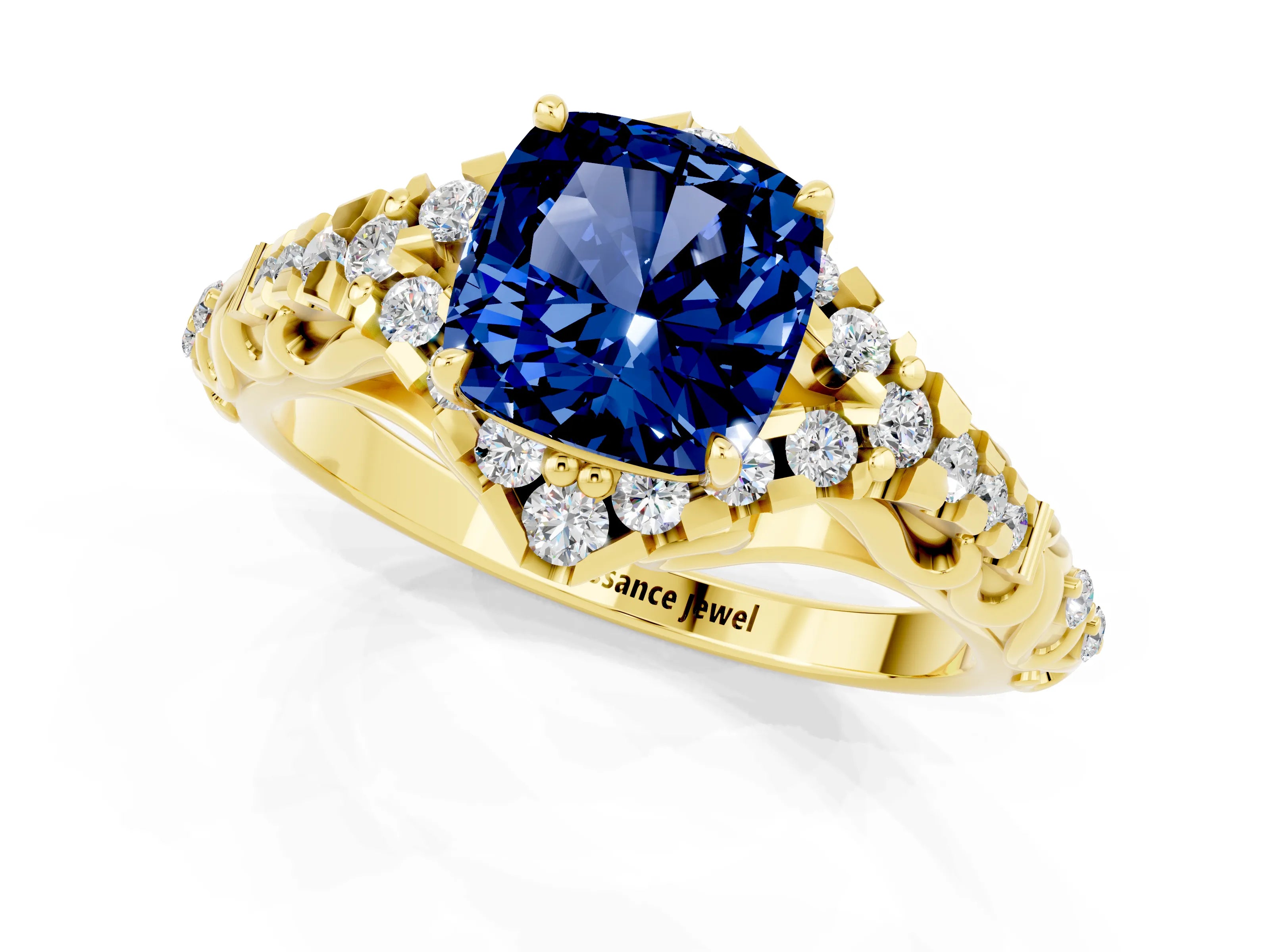 Yellow gold Cushion Cut Blue Sapphire Solitaire Ring with Hidden Halo and Pavé Band_13