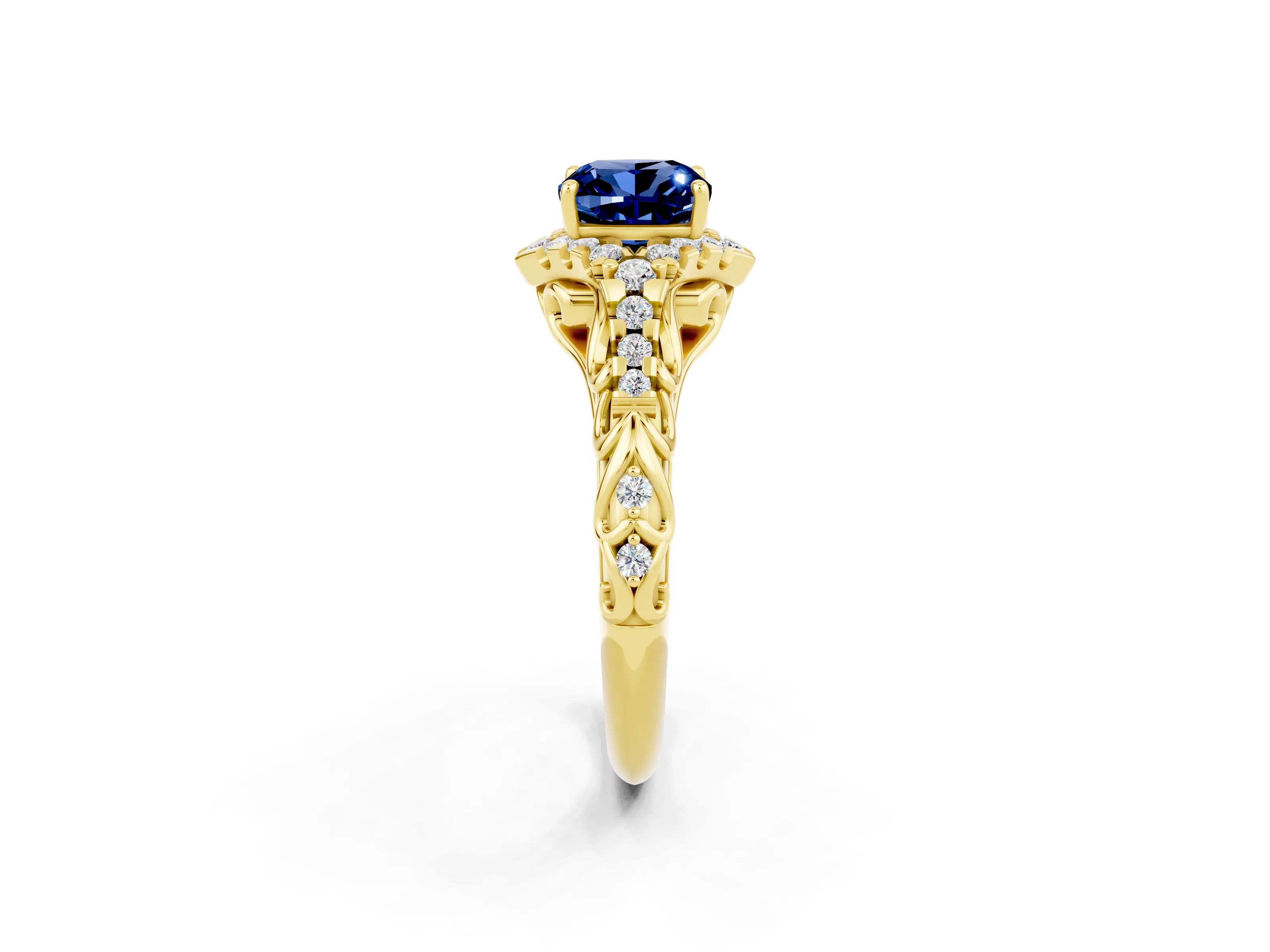 Yellow gold Cushion Cut Blue Sapphire Solitaire Ring with Hidden Halo and Pavé Band_14